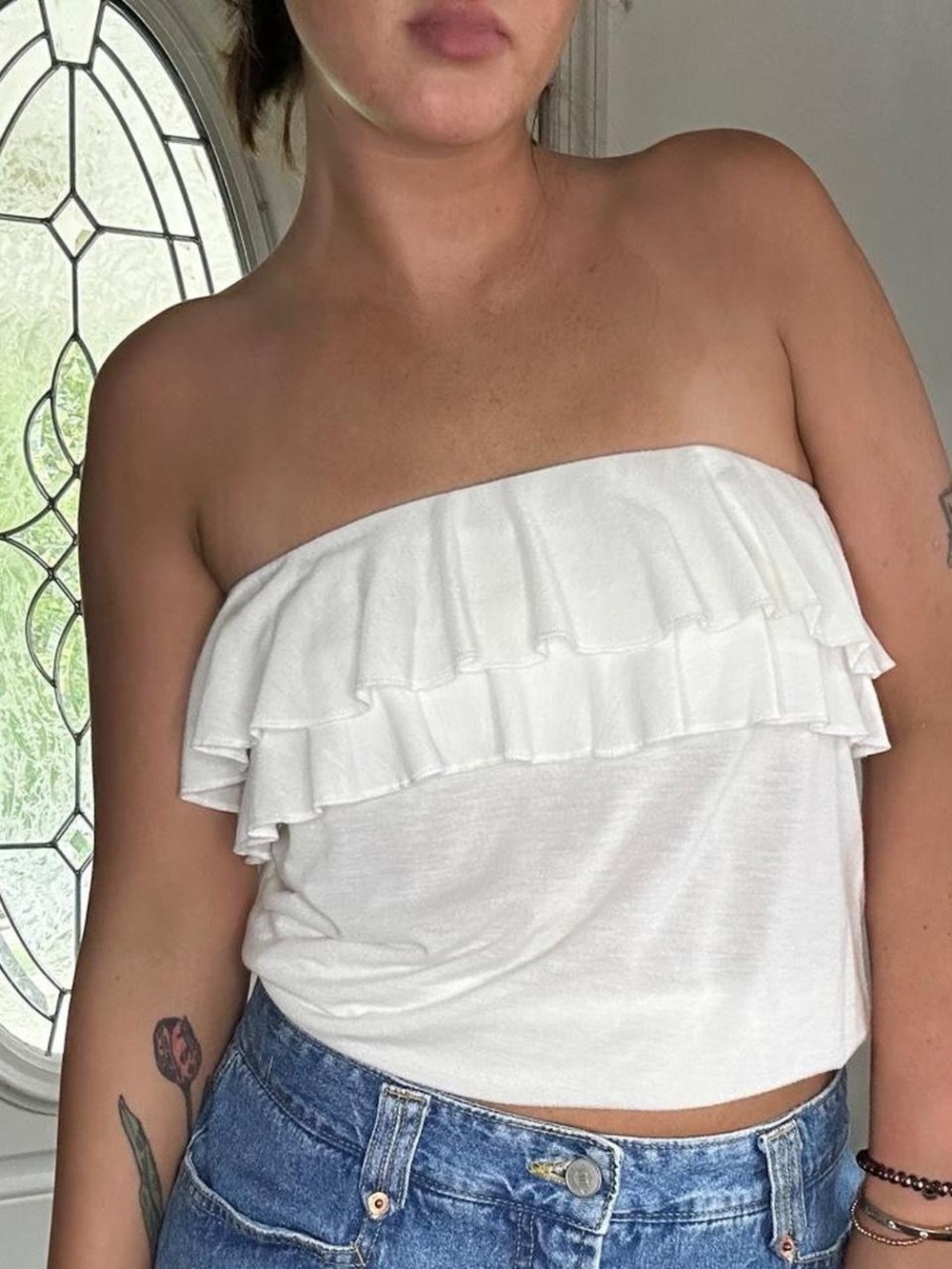 American Eagle Outfitters White Ruffle Strapless Camisole